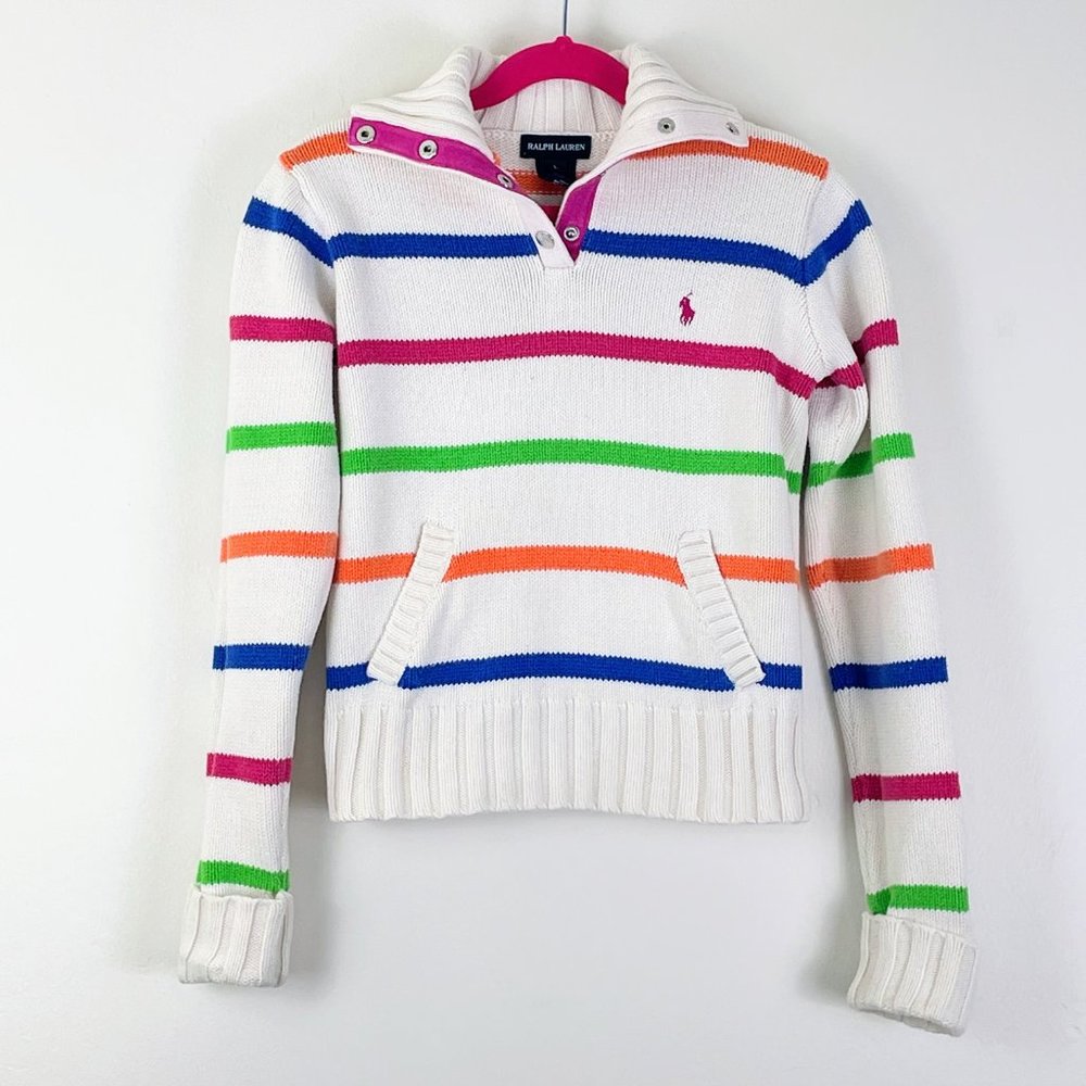Ralph Lauren Blue Label Off White Snap Collar Striped Sweater w/ Kangaroo Pouch